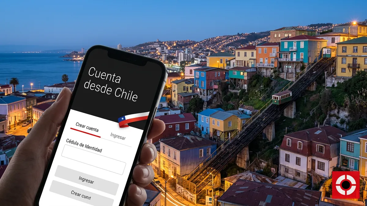 Teléfono con pantalla de registro frente a Valparaíso, cuenta de Supermatch desde Chile